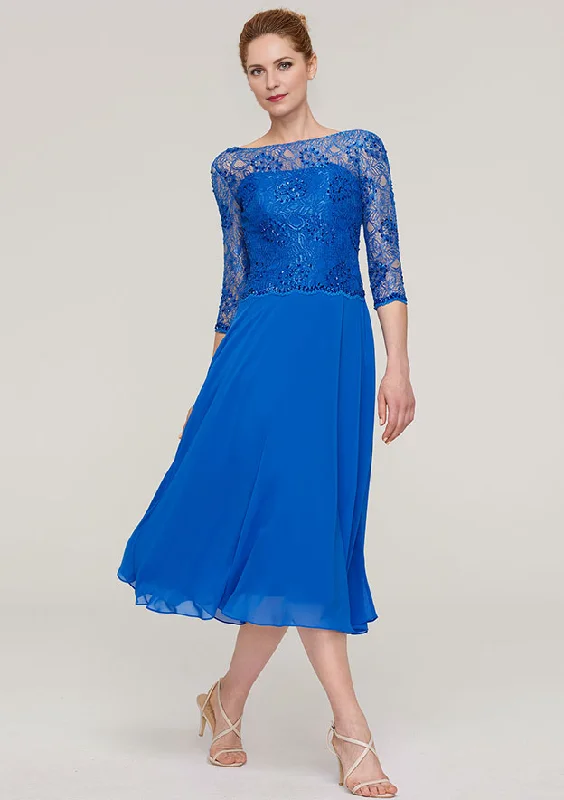 Women's Evening Attire A-line/Princess Bateau 3/4 Sleeve Tea-Length Chiffon Mother of the Bride Dress With Beading Lace Women's Evening Attire A-line/Princess Bateau 3/4 Sleeve Tea-Length Chiffon Mother of the Bride Dress With Beading Lace