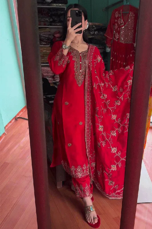 Online Impressions Boutique Chinon Silk Red Sharara Dress For Karwa Chauth