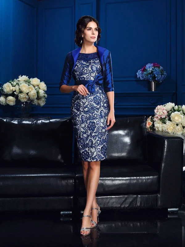 Flash Deals Sheath/Column Scoop Bowknot 1/2 Sleeves Short Taffeta Mother of the Bride Dresses