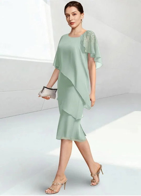 Stay Ahead In Style Sage Elegant Jewel Neck Knee Length Chiffon Half Sleeve with BeadingMother of the Bride Dress Stay Ahead In Style Sage Elegant Jewel Neck Knee Length Chiffon Half Sleeve with BeadingMother of the Bride Dress