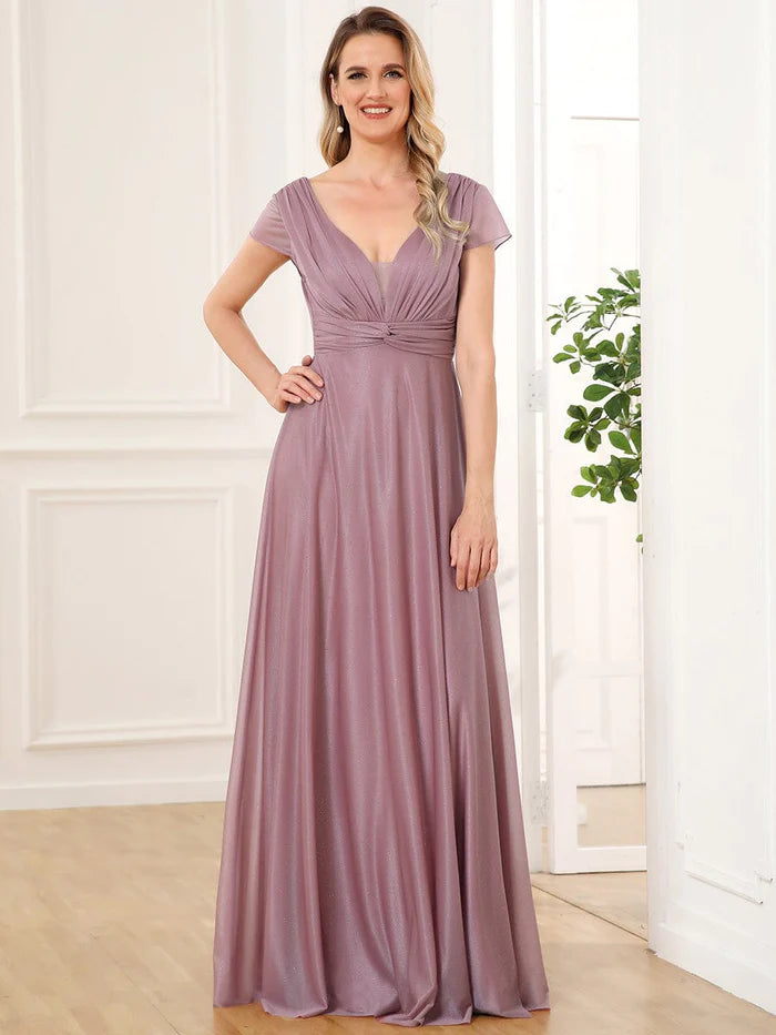 Season Offer V-Neck Pleated Cap Sleeve Floor Length Mother of the Bride Dress