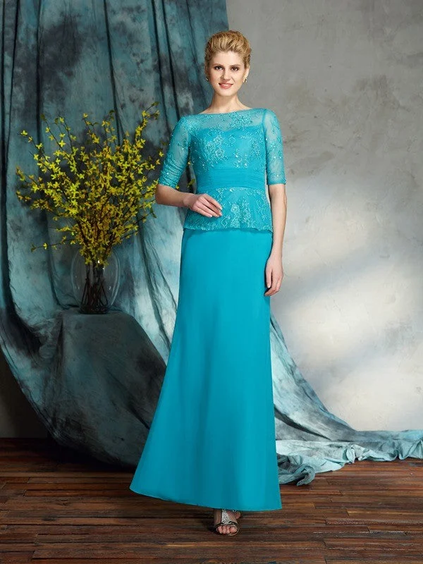 Summer Essentials Sheath/Column Bateau Applique 1/2 Sleeves Long Chiffon Mother of the Bride Dresses