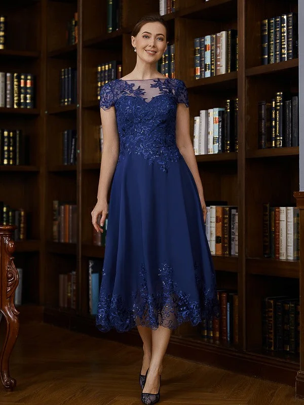 Women's Evening Wear Outfit A-Line/Princess Chiffon Applique Bateau Short Sleeves Tea-Length Mother of the Bride Dresses