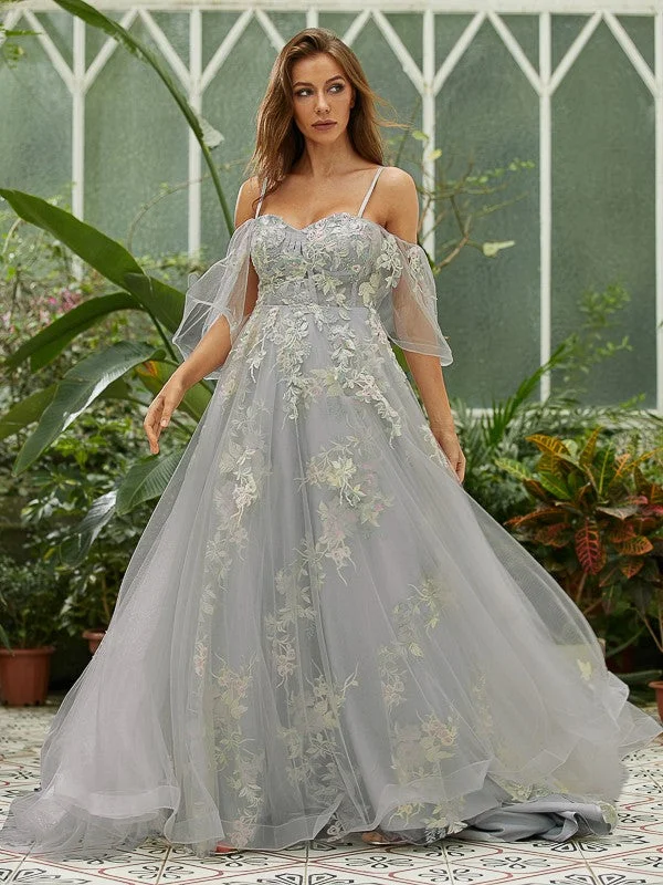 Sophisticated Style A-Line/Princess Tulle Applique Sweetheart Short Sleeves Sweep/Brush Train Dresses Sophisticated Style A-Line/Princess Tulle Applique Sweetheart Short Sleeves Sweep/Brush Train Dresses