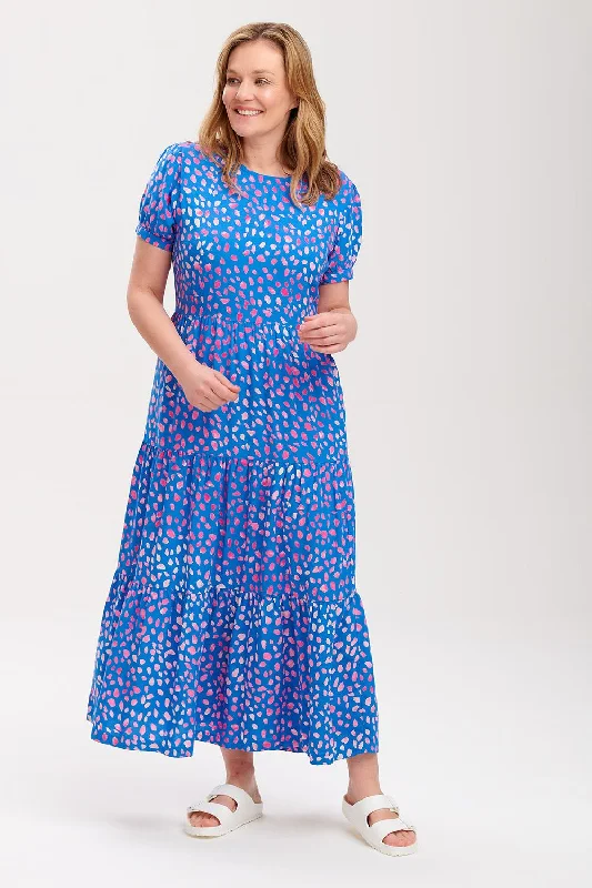 Women's Seasonal Garments Polly Batik Maxi Tiered Dress Painterly Spot (Blue/Pink)