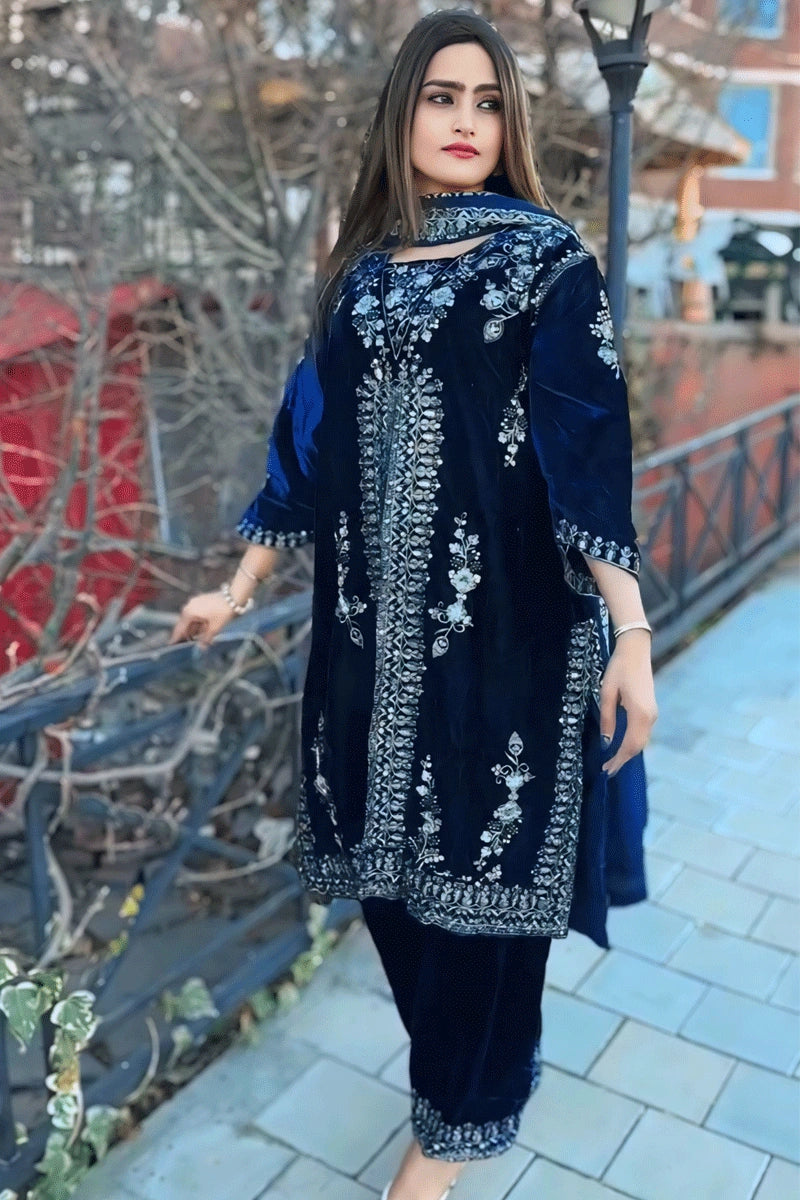 Women's Fashion Essentials Navy Blue Color Punjabi Style Velvet Dress