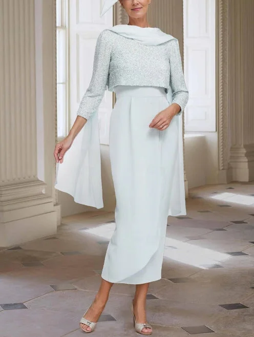 Women's Stylish Outdoor Outfit Sheath / Column Jewel Neck Tea Length Chiffon 3/4 Length Sleeve with Solid Color Mother of the Bride Dress Women's Stylish Outdoor Outfit Sheath / Column Jewel Neck Tea Length Chiffon 3/4 Length Sleeve with Solid Color Mother of the Bride Dress