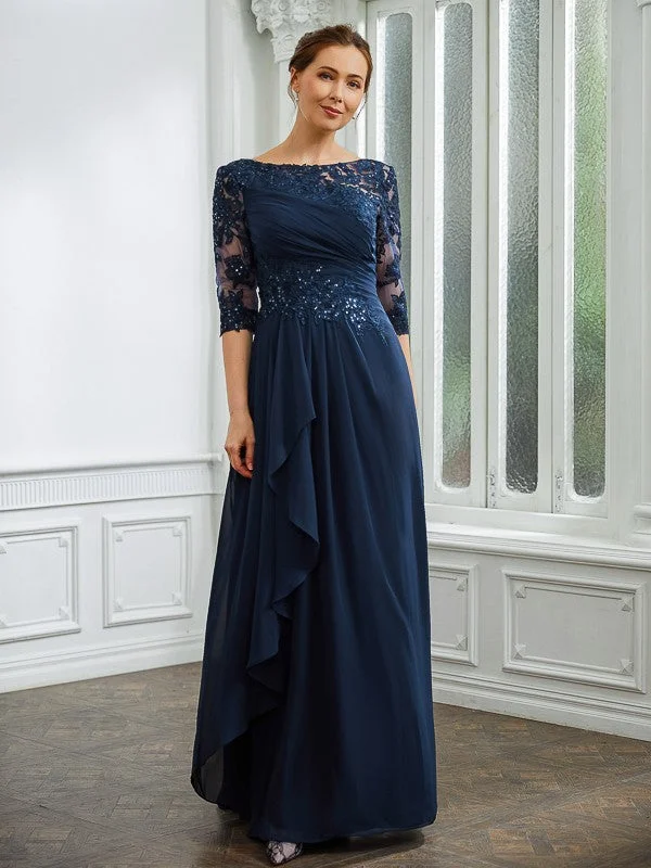 Stylish Everyday Clothing A-Line/Princess Chiffon Applique Bateau 3/4 Sleeves Floor-Length Mother of the Bride Dresses
