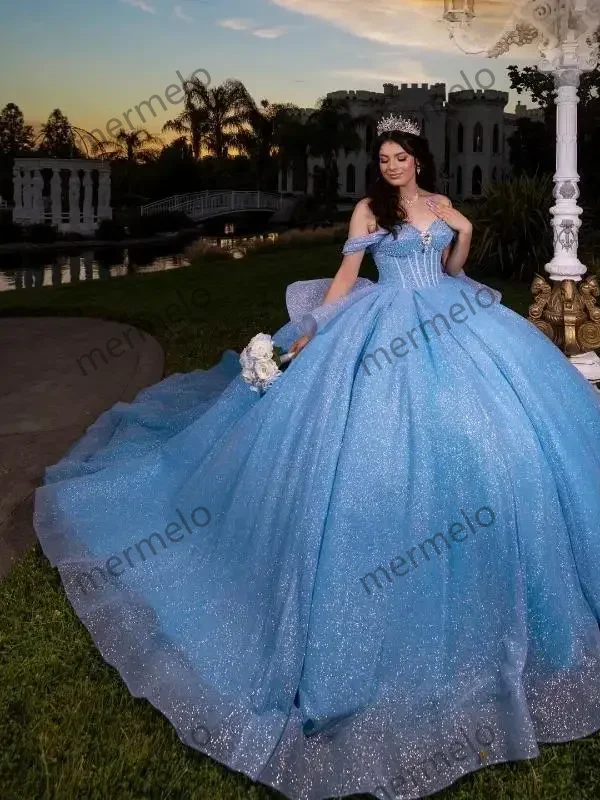 Vintage Look SKy Blue Quinceanera Dress Off Shoulder Crystal Beading Sequined