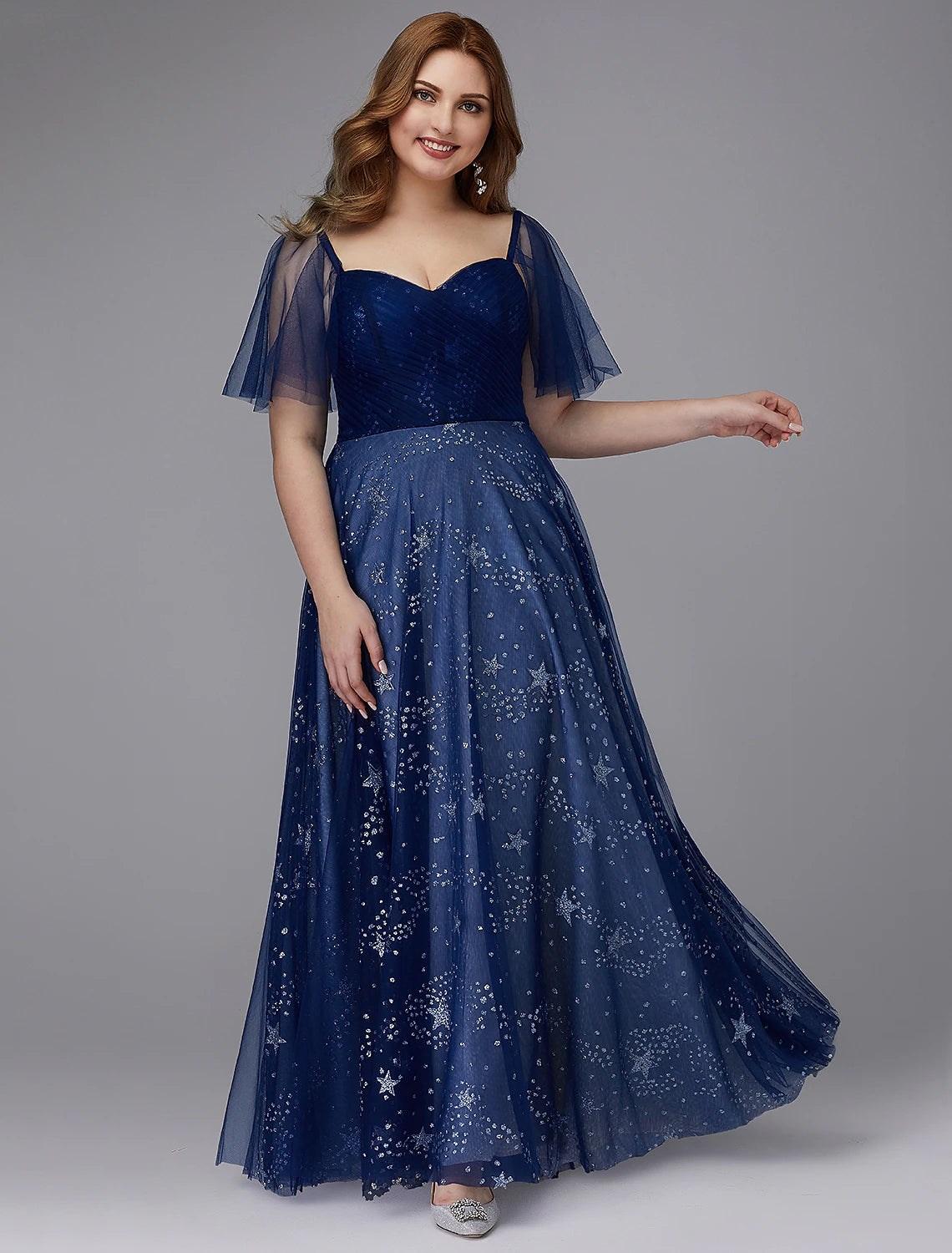 Women's Elegant Outfit A-Line Plus Size Dress Prom Formal Evening Floor Length Short Sleeve Sweetheart Tulle Lace-up with Beading Pattern / Print Women's Elegant Outfit A-Line Plus Size Dress Prom Formal Evening Floor Length Short Sleeve Sweetheart Tulle Lace-up with Beading Pattern / Print