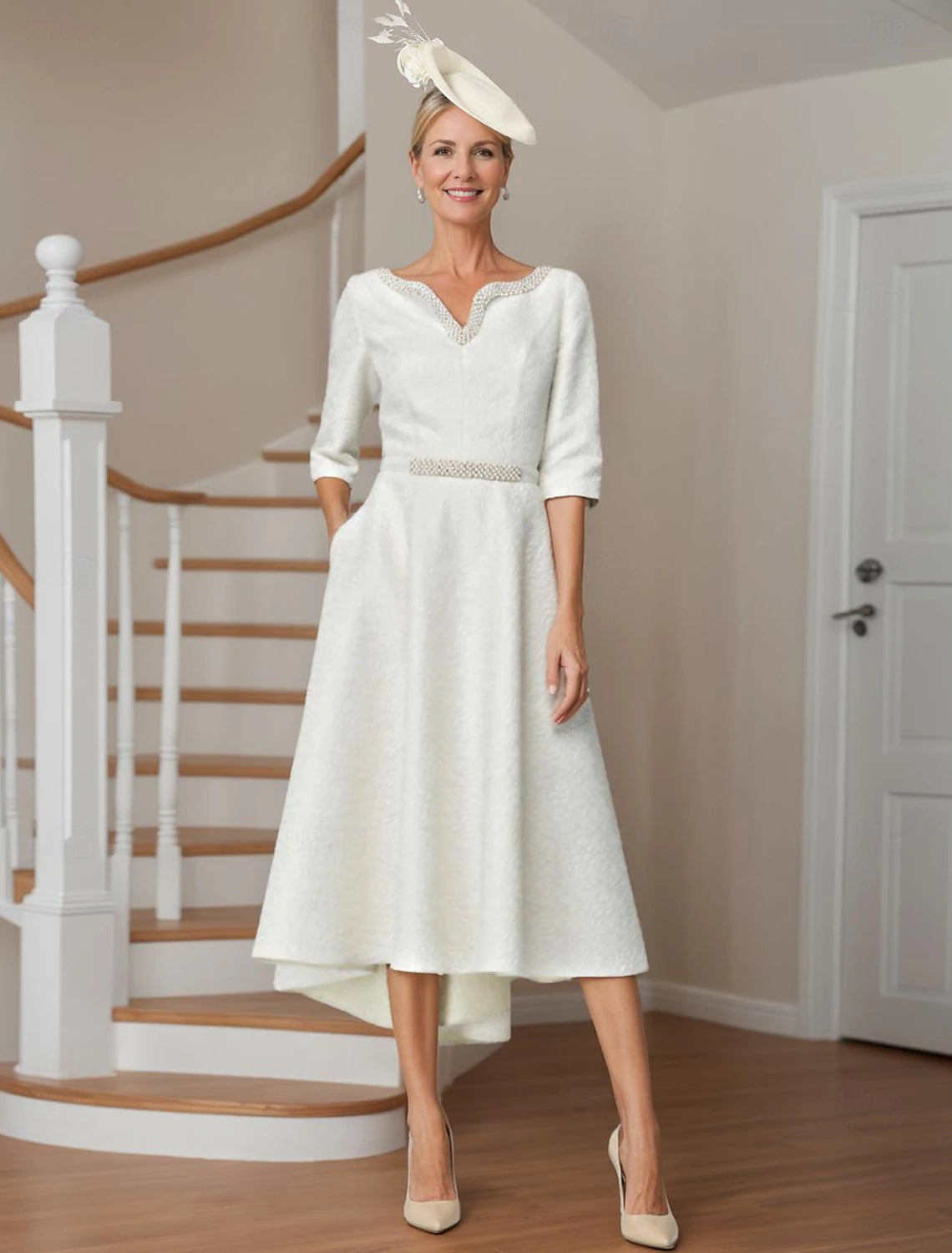 The Good Stuff Elegant High Low V Neck Asymmetrical Length Polyester 3/4 Length Sleeve with Pearls Mother of the Bride Dress The Good Stuff Elegant High Low V Neck Asymmetrical Length Polyester 3/4 Length Sleeve with Pearls Mother of the Bride Dress
