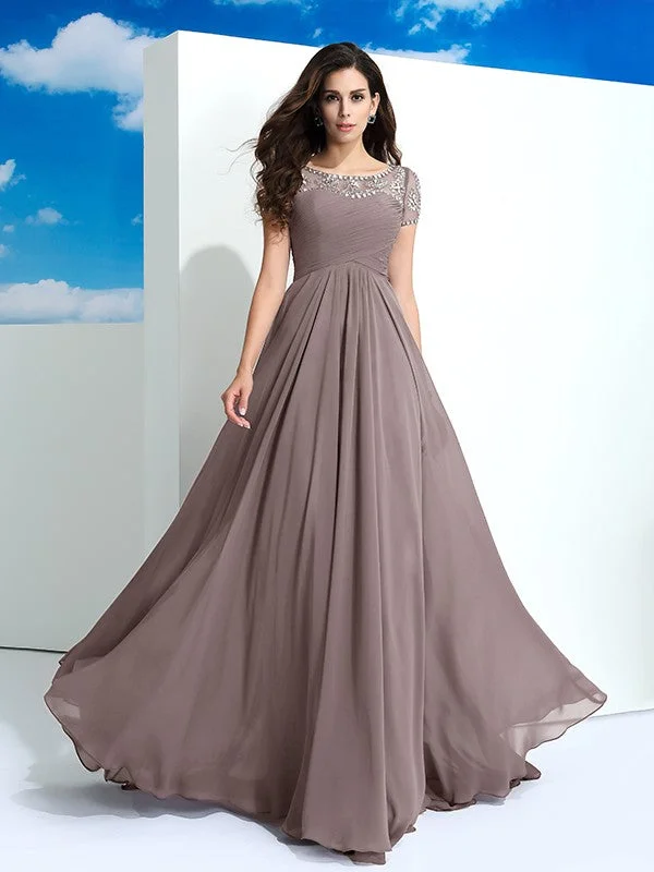 Edgy Fashion A-Line/Princess Sheer Neck Beading Short Sleeves Long Chiffon Dresses