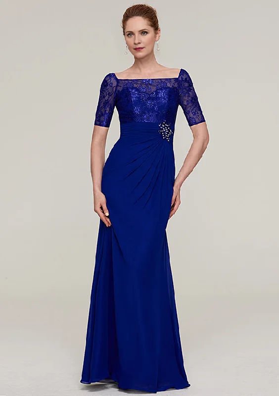 Timeless Women's Garments Short Sleeve Long/Floor-Length Chiffon Mother of the Bride Dresses With Pleated Appliqued Beading
