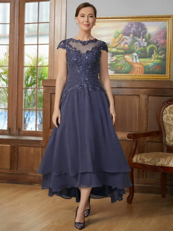 Women's Clothing Online A-Line/Princess Chiffon Applique Scoop Short Sleeves Asymmetrical Mother of the Bride Dresses