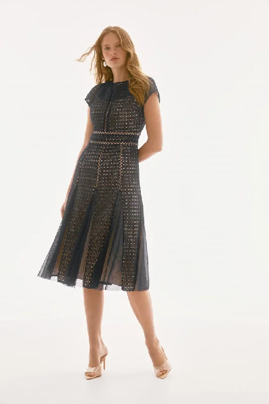 Women's Clothing Online Sale Joseph Ribkoff Navy/Nude Signature | Guipure And Mesh Fit And Flare Dress