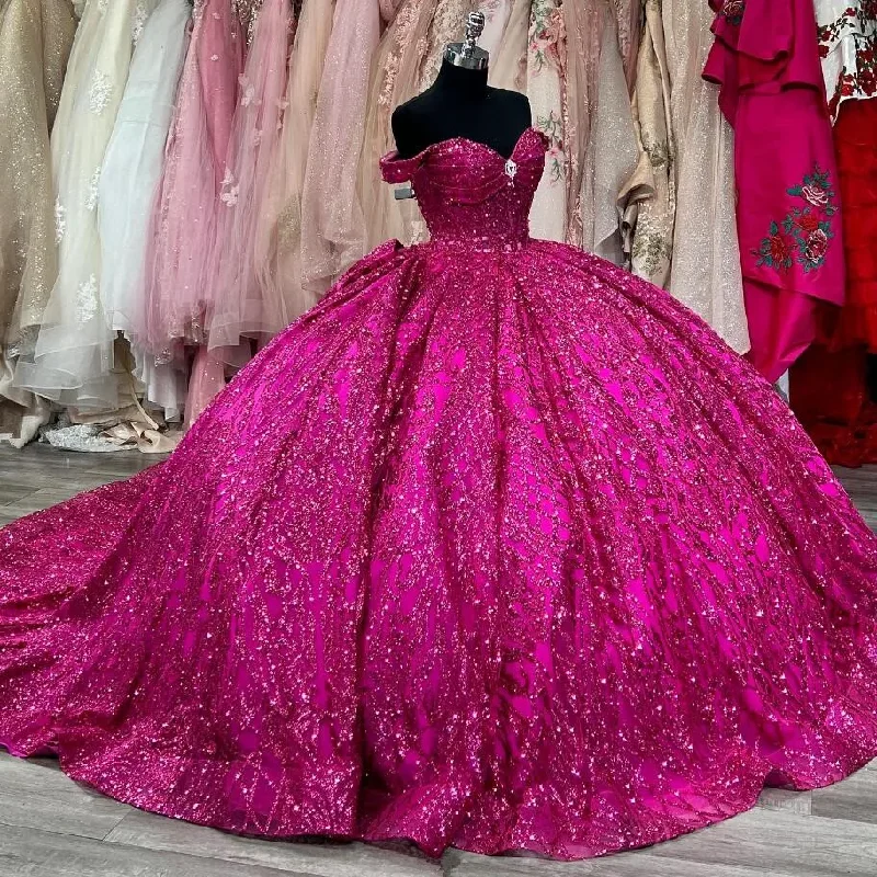 Insane Discount Onslaught Fuchsia Purple Sparkly Princess Quinceanera Dresses Off Shoulder Gillter Crystal Sequins Prom Sweet 15 vestidos de cerimonia