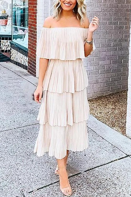 Trendy Women's Apparel Off Shoulder Pleated Dress    S1562