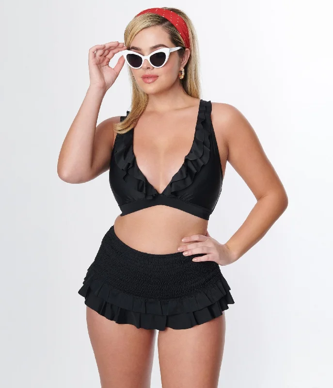 Chic Clothing For Women Unique Vintage Black Smocked Ruffle Swim Bottom