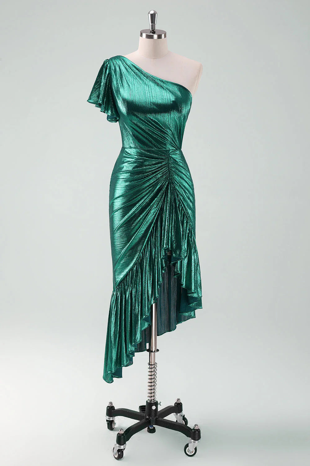 Classic Women's Clothing Styles Amzcw Dark Green Metallic One Shoulder Mermaid Cocktail Dress with Ruffles