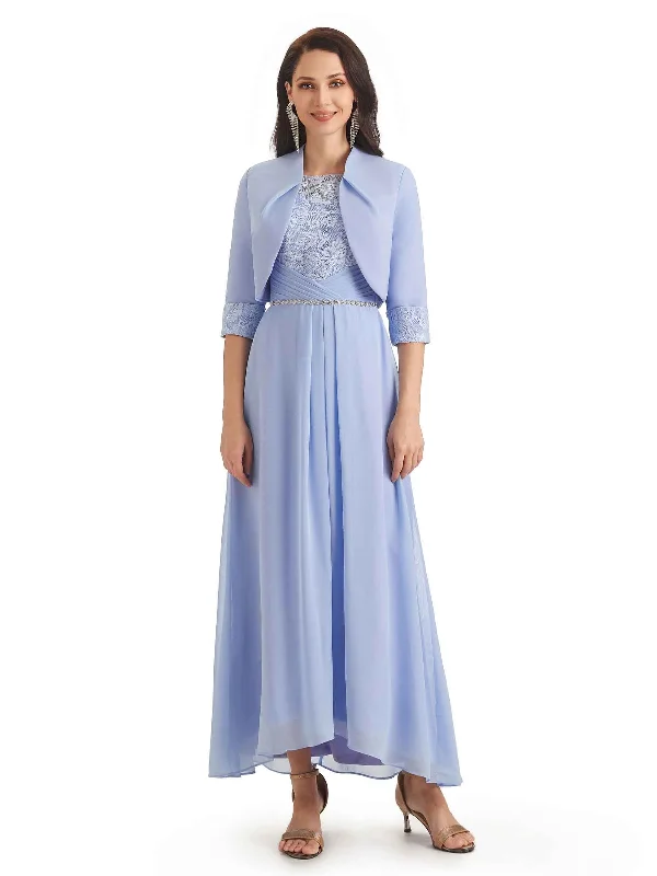 Urban Femme Streetwear Elegant A-line Chiffon Jewel Half Sleeve Long Mother Of The Bride Dresses With Jacket Urban Femme Streetwear Elegant A-line Chiffon Jewel Half Sleeve Long Mother Of The Bride Dresses With Jacket