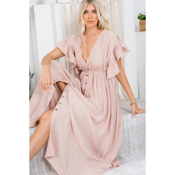 Elegant Fashion Offers Nude Blush Gauze Boho Button Short Slv Deep V Woven Gathered Maxi Coverup Dress Elegant Fashion Offers Nude Blush Gauze Boho Button Short Slv Deep V Woven Gathered Maxi Coverup Dress