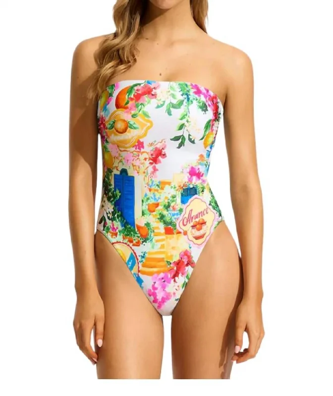 Classic Clothes For Women Bandeau Postcard Print One Piece In White Multi