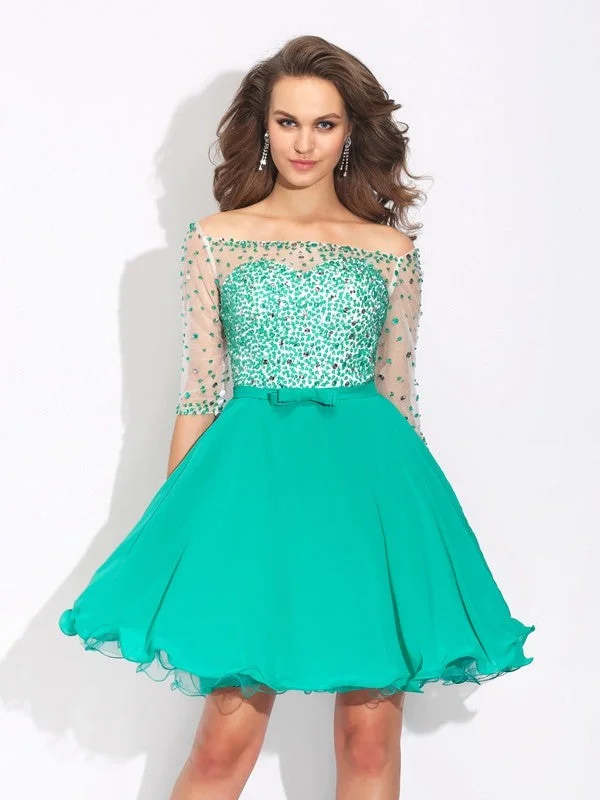 Innovate Your Wardrobe A-Line/Princess Off-the-Shoulder Beading 1/2 Sleeves Short Chiffon Dresses Innovate Your Wardrobe A-Line/Princess Off-the-Shoulder Beading 1/2 Sleeves Short Chiffon Dresses