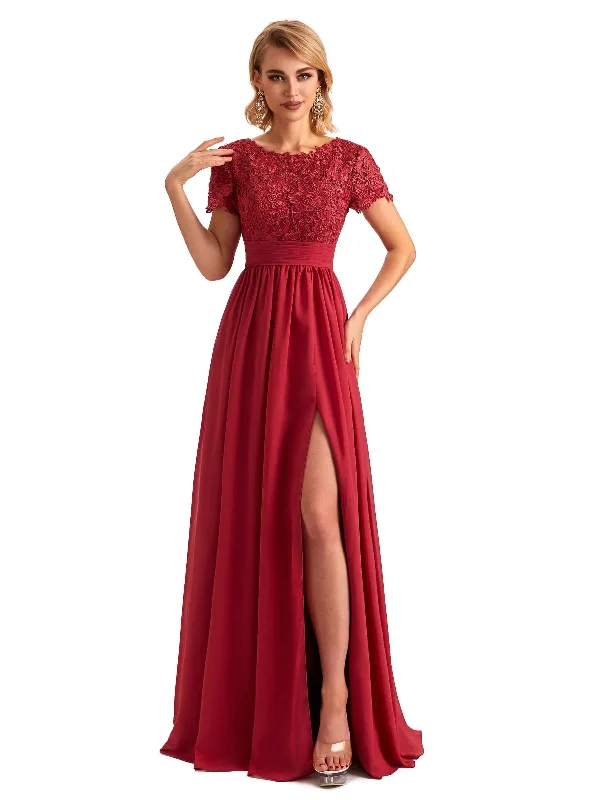 Buy More, Save More Elegant Side Slit Chiffon Short Sleeves Lace Long Mother of the Brides Dresses Buy More, Save More Elegant Side Slit Chiffon Short Sleeves Lace Long Mother of the Brides Dresses