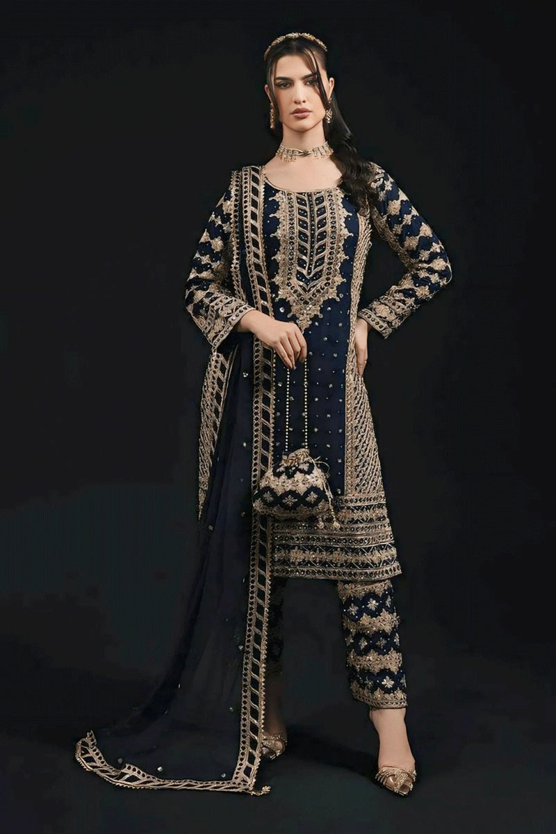 Women's Holiday Clothing Heavy Work Blue Color Full Pair Dress For Reception