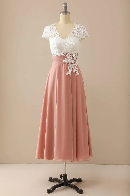 Bold Silhouette Mother of the Bride Dress Elegant V Neck Lace & Chiffon Cap Sleeve