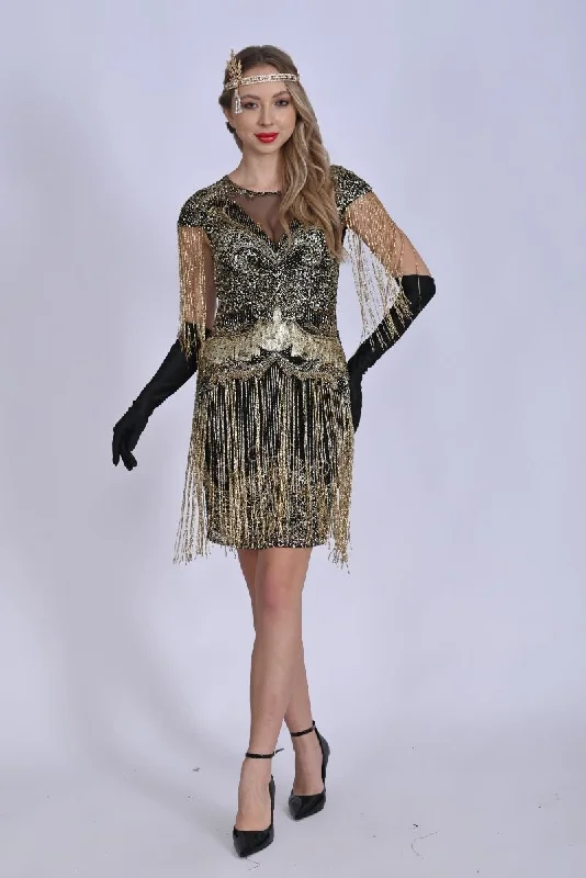 Online Clothing Boutiques Sybill Fringe Flapper Dress in Black Gold