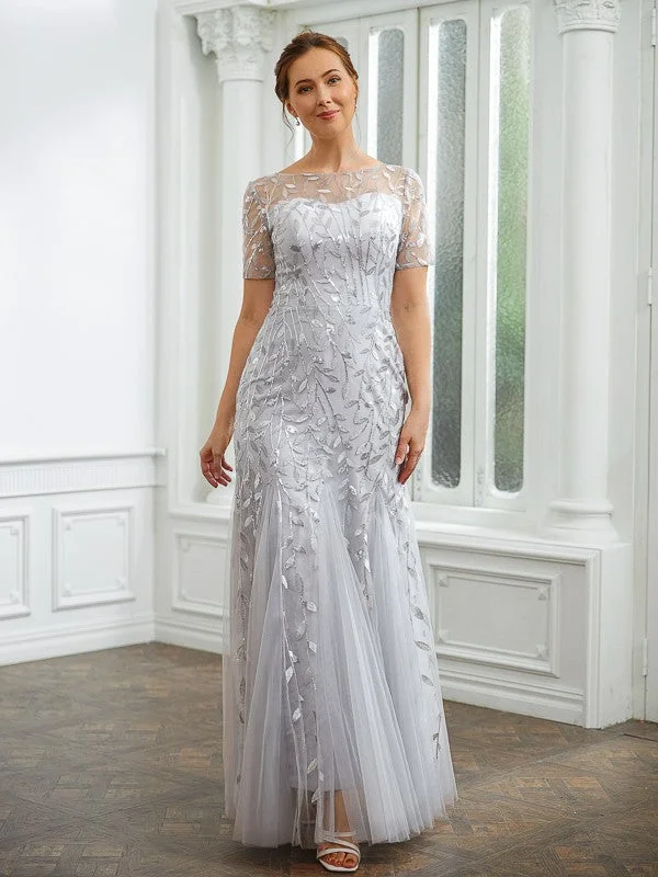 Women's Evening Apparel A-Line/Princess Tulle Ruched Bateau Short Sleeves Ankle-Length Mother of the Bride Dresses