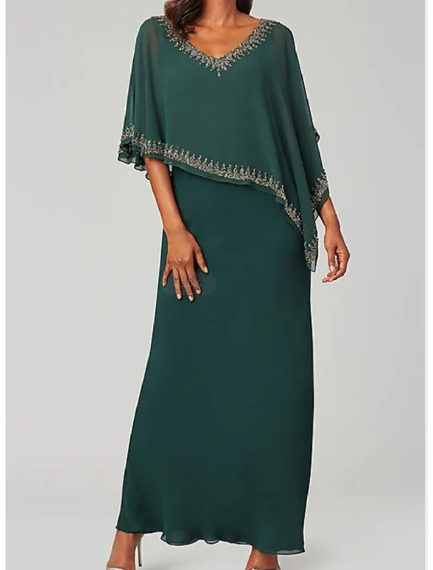 Women's Casual Apparel Sheath / Column Mother of the Bride Dress Plus Size Elegant V Neck Floor Length Chiffon Half Sleeve with Lace Women's Casual Apparel Sheath / Column Mother of the Bride Dress Plus Size Elegant V Neck Floor Length Chiffon Half Sleeve with Lace