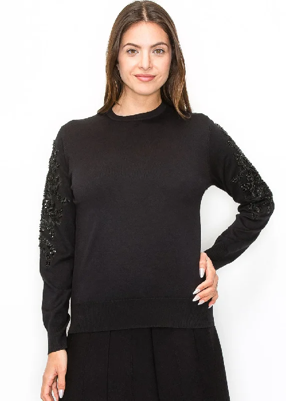 Fashionable Women's Casual Apparel Black Sweater with Embellished Sleeves