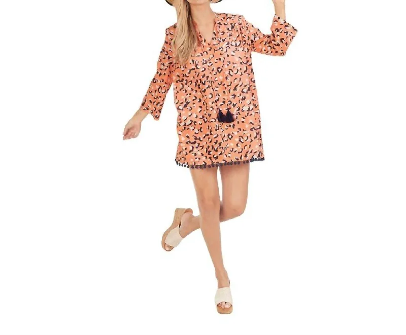 Stylish Women's Outerwear Apparel Lacey Pom Pom Cover Up In Peach Leopard