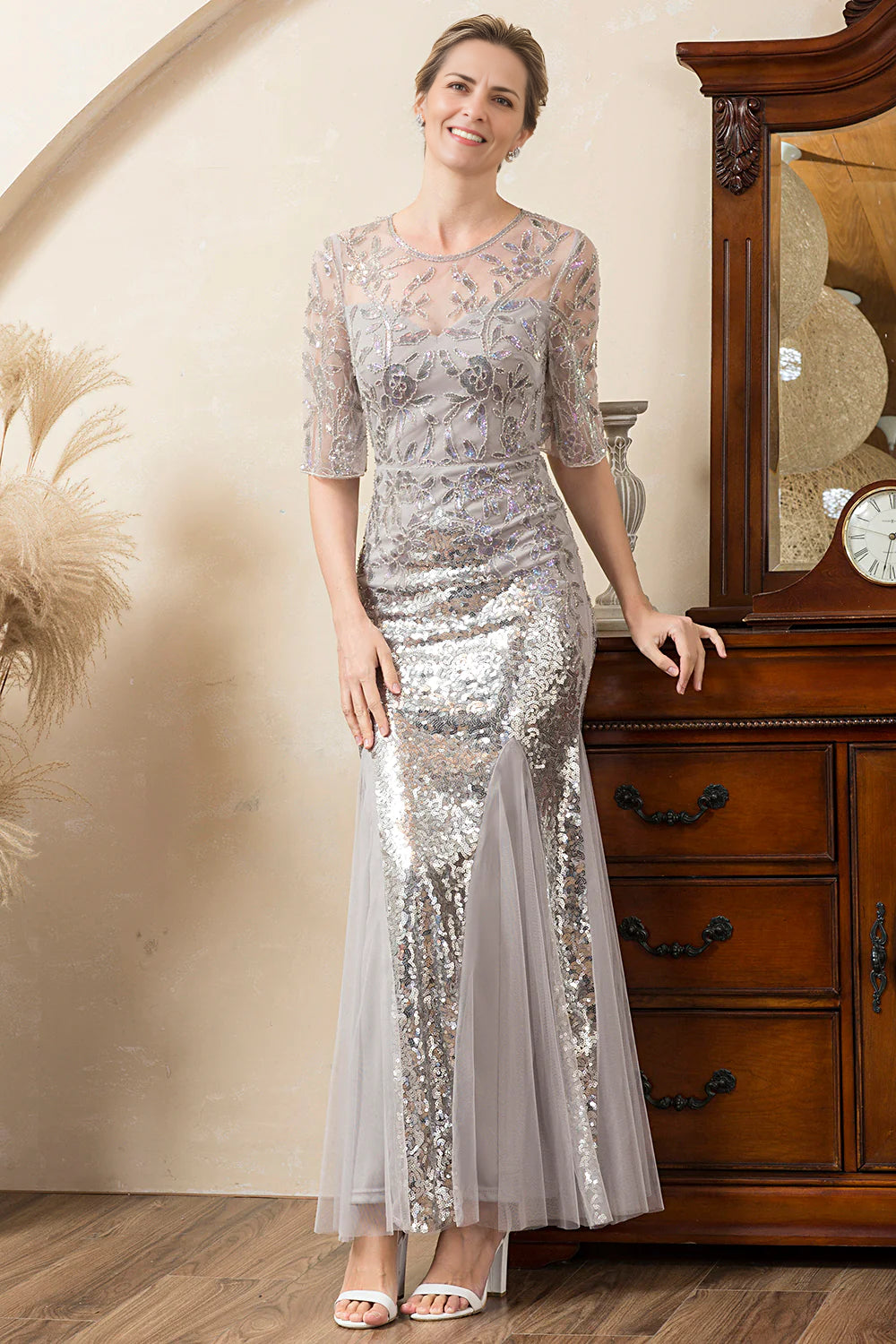 Comfortable Women's Clothes Grey Mermaid Sparkly Beaded Sequins Mother of the Bride Dress Comfortable Women's Clothes Grey Mermaid Sparkly Beaded Sequins Mother of the Bride Dress