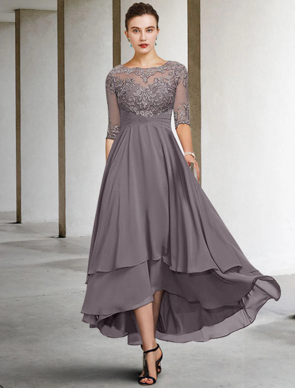 Fashion Forward Outfits A-Line Mother of the Bride Dress Plus Size Elegant High Low Jewel Neck Asymmetrical Ankle Length Chiffon Lace Half Sleeve with Beading Ruffles Appliques Fashion Forward Outfits A-Line Mother of the Bride Dress Plus Size Elegant High Low Jewel Neck Asymmetrical Ankle Length Chiffon Lace Half Sleeve with Beading Ruffles Appliques