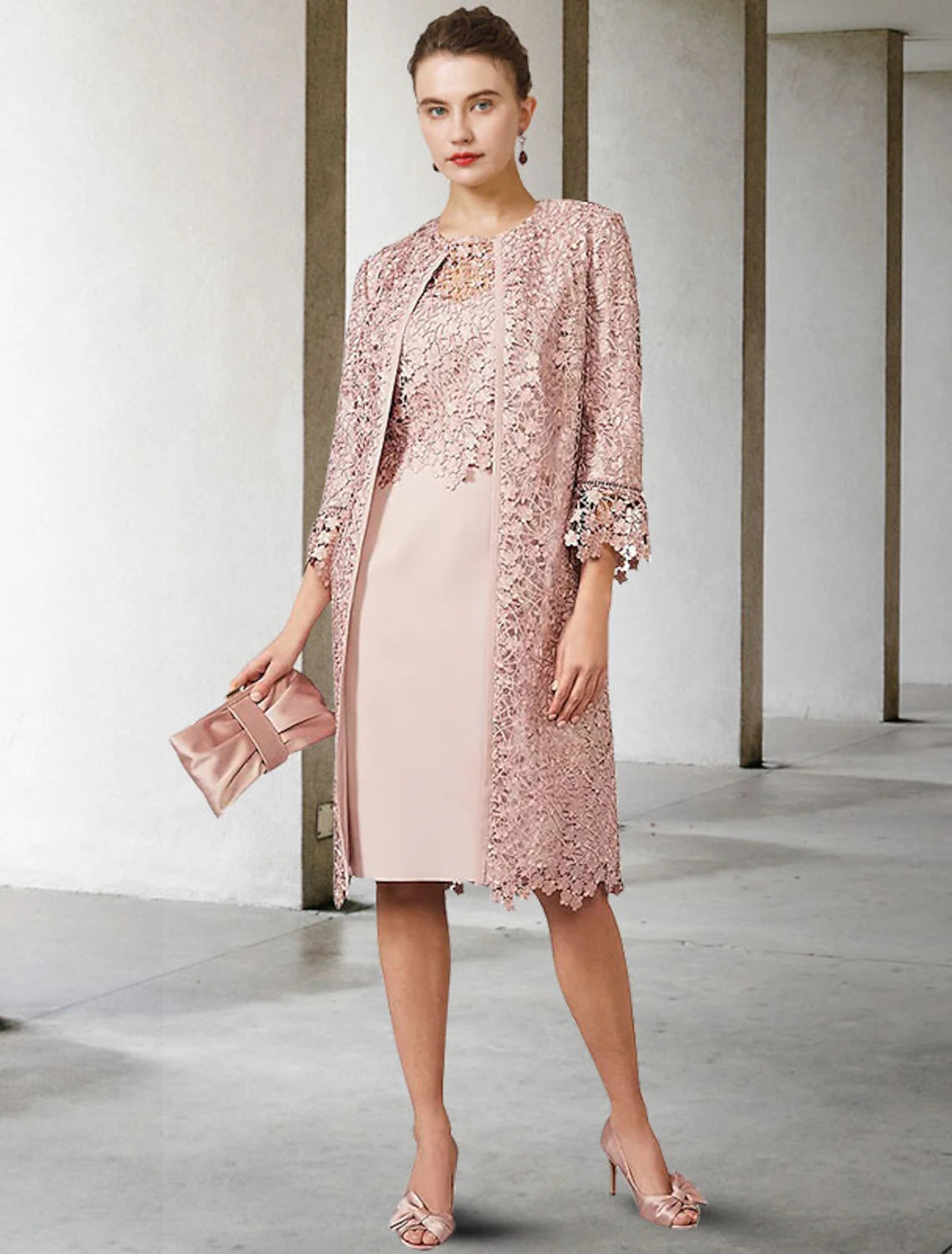 Coastal Beach - Inspired Style Two Piece Elegant Jewel Neck Knee Length Chiffon Lace Short Sleeve Jacket Dresses with Mother of the Bride Dress Coastal Beach - Inspired Style Two Piece Elegant Jewel Neck Knee Length Chiffon Lace Short Sleeve Jacket Dresses with Mother of the Bride Dress