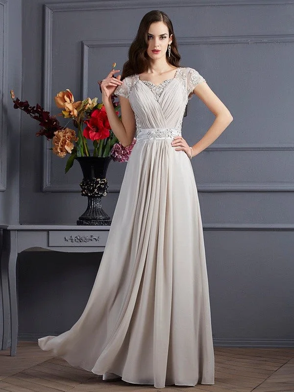 Affordable Women's Apparel A-Line/Princess Sweetheart Short Sleeves Beading Long Chiffon Dresses