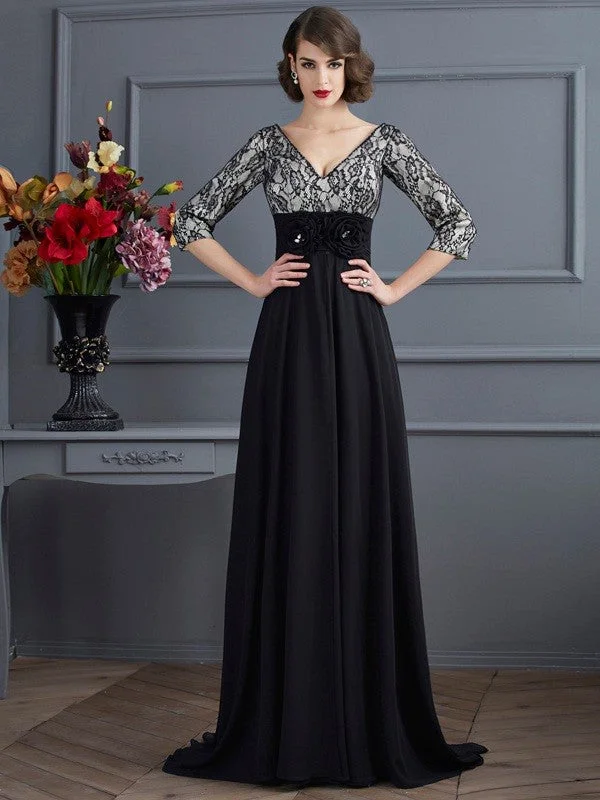 Ride The Style Wave Sheath/Column V-neck 3/4 Sleeves Lace Long Chiffon Dresses