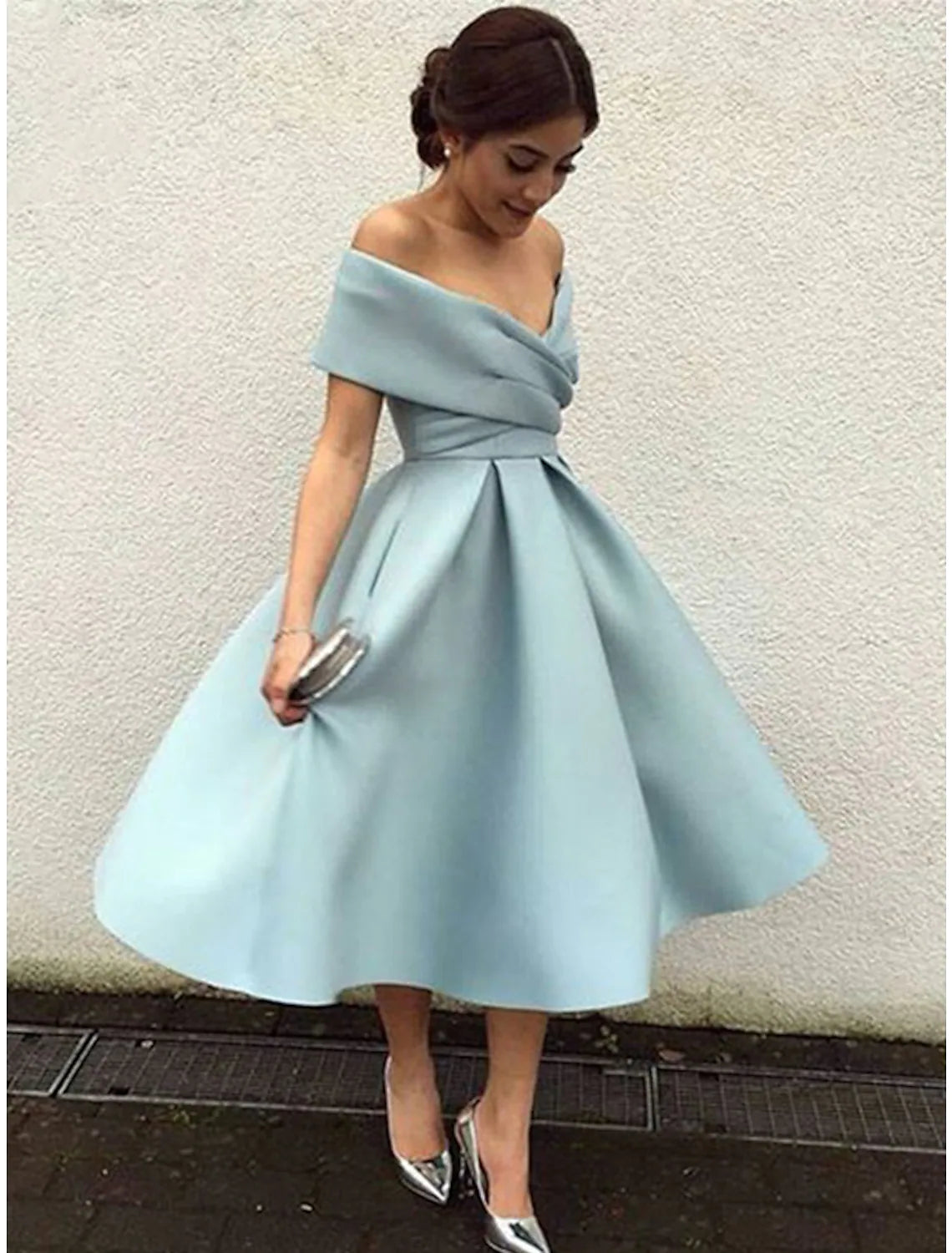 Limited Stock A-Line Cocktail Dresses Vintage Dress Homecoming Tea Length Short Sleeve V Neck Stretch Fabric V Back with Pleats Limited Stock A-Line Cocktail Dresses Vintage Dress Homecoming Tea Length Short Sleeve V Neck Stretch Fabric V Back with Pleats