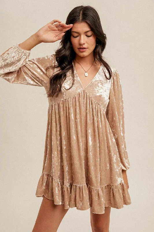Women's Elegant Garments Champagne Crushed Velvet V-Neck Babydoll Bubble Sleeve Holiday Cocktail Dress Women's Elegant Garments Champagne Crushed Velvet V-Neck Babydoll Bubble Sleeve Holiday Cocktail Dress
