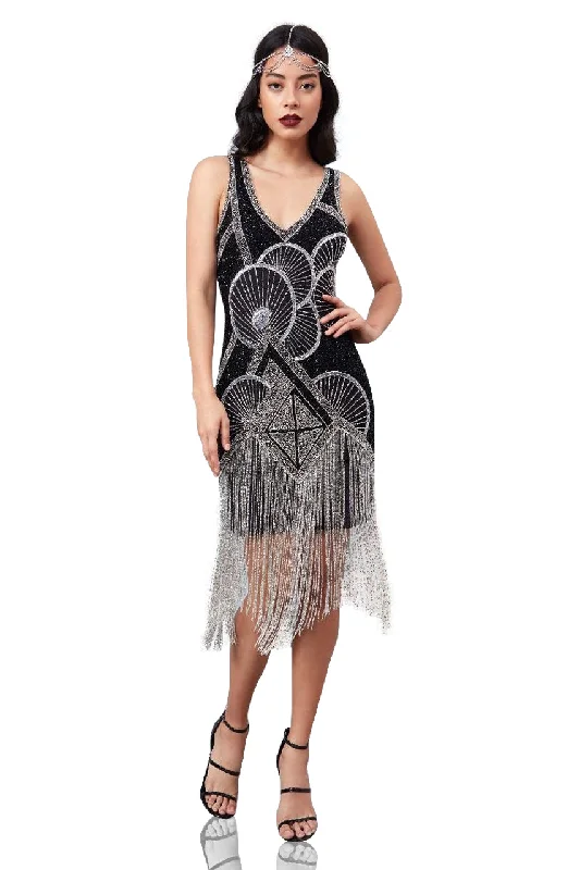 Effortless Style Jade Art Deco Fringe Dress in Black Silver