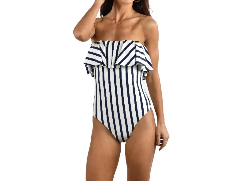 Vintage-Inspired Women's Clothes Stripe Ruffle Top One Piece In Ivory/navy