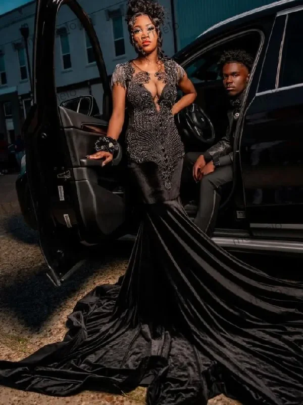 Formal Outfit Black Sparkly Tassel Evening Reception Dresses for Black Girl Luxury Diamond Crystal Vevlet Formal Outfit Black Sparkly Tassel Evening Reception Dresses for Black Girl Luxury Diamond Crystal Vevlet