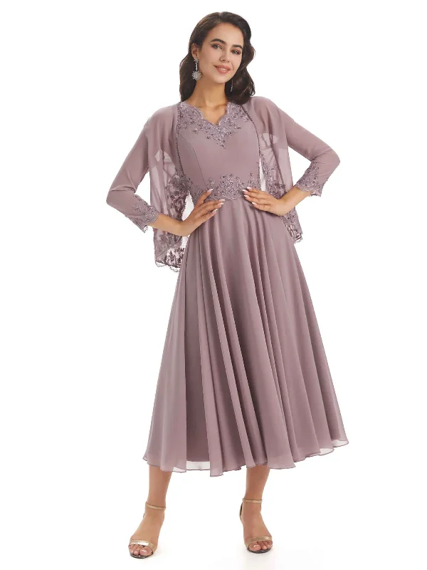 Pastel Styles Elegant A-line Chiffon V-neck Tea-length Two pieces Mother Of The Bride Dresses Pastel Styles Elegant A-line Chiffon V-neck Tea-length Two pieces Mother Of The Bride Dresses