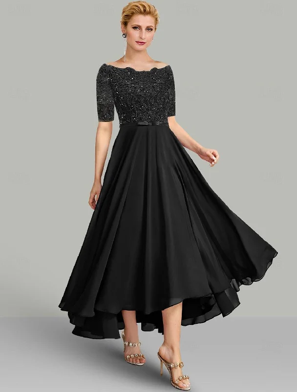 Must-Have Styles Mother of the Bride Dress Elegant High Low Off Shoulder Asymmetrical Chiffon Lace Half Sleeve with Lace Sash Must-Have Styles Mother of the Bride Dress Elegant High Low Off Shoulder Asymmetrical Chiffon Lace Half Sleeve with Lace Sash
