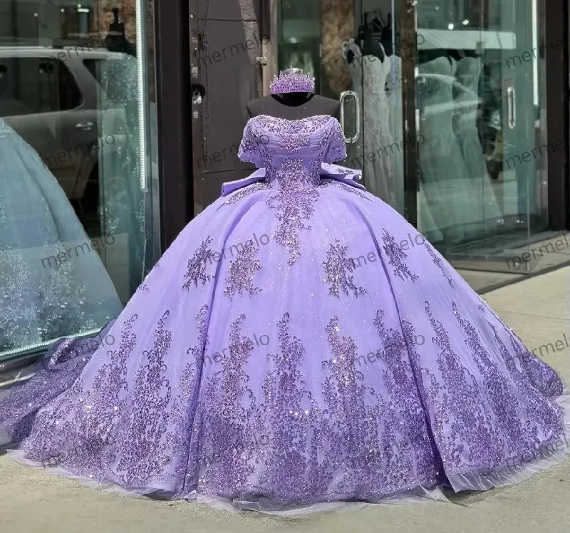 Preppy Style Lilac Purple Sparkling Princess Quinceanera Dresses Elegant Beaded Applique Bow Sweet Train Preppy Style Lilac Purple Sparkling Princess Quinceanera Dresses Elegant Beaded Applique Bow Sweet Train
