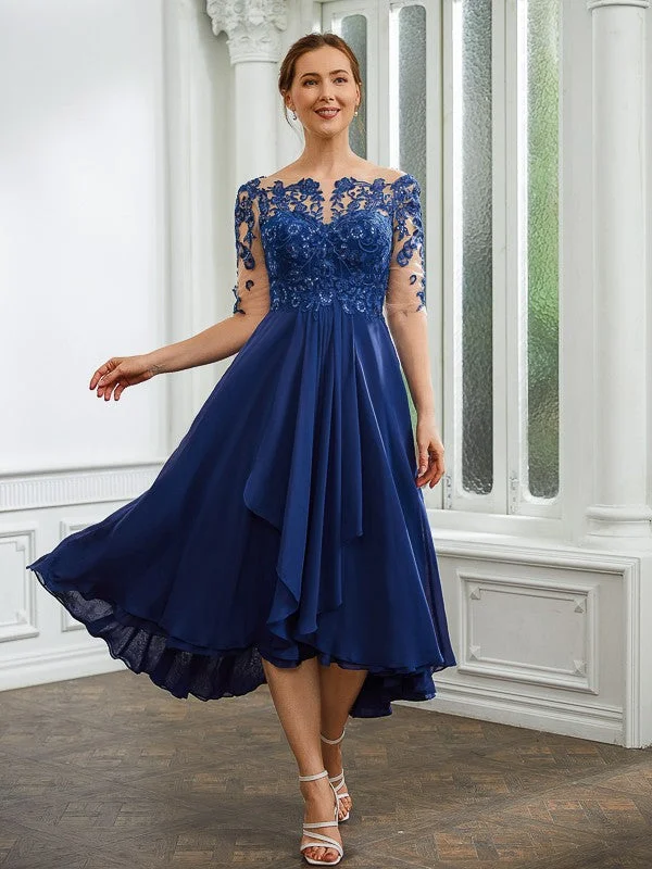 Exclusive Women's Fashion Collection A-Line/Princess Chiffon Applique Bateau 1/2 Sleeves Tea-Length Mother of the Bride Dresses