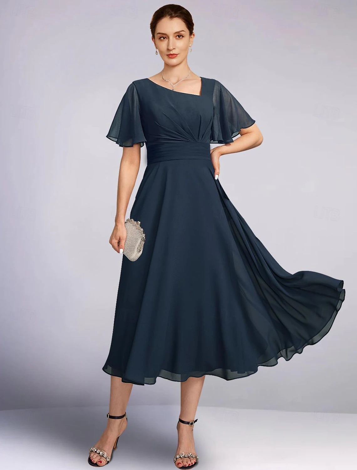 Artful Design Formal Elegant V Neck Tea Length Chiffon 3/4 Length Sleeve with Solid Color Mother of the Bride Dress Artful Design Formal Elegant V Neck Tea Length Chiffon 3/4 Length Sleeve with Solid Color Mother of the Bride Dress